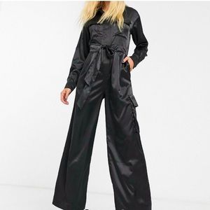 Monki Black Satin Utility Cargo Jumpsuit, sz L